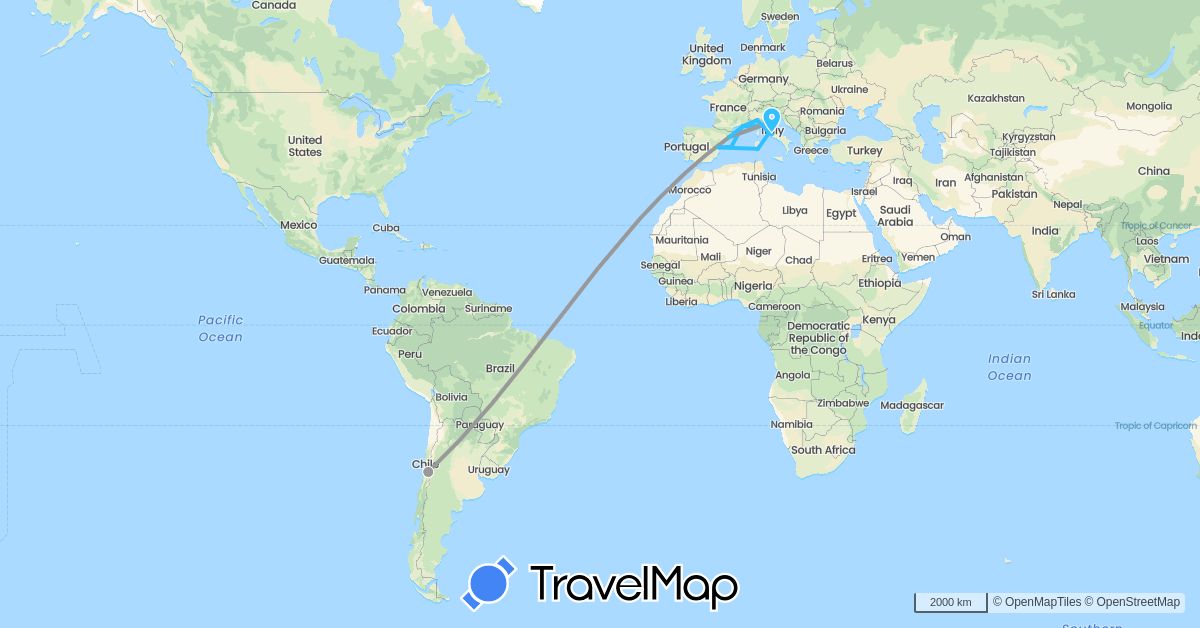 TravelMap itinerary: driving, plane, train, boat in Chile, Spain, France, Italy (Europe, South America)